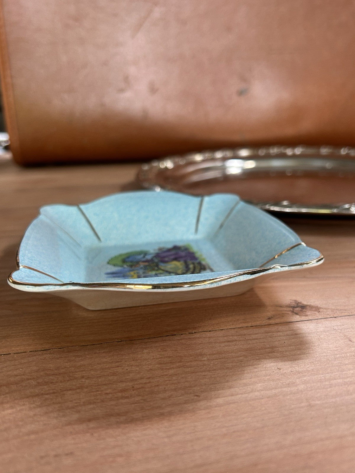 H. Aynsley & Co England Blue Crinoline Lady Dish Vintage Square Bowl 17cm