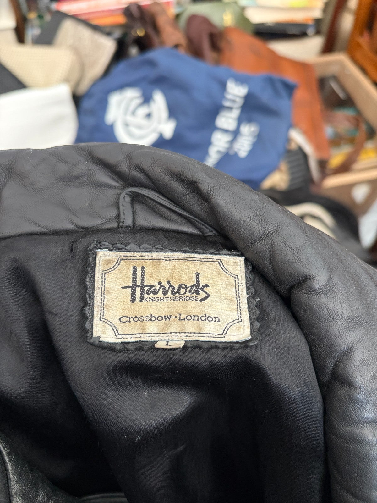 Vintage Harrods Knightsbridge Black Genuine Leather Coat Jacket UK Made Size L