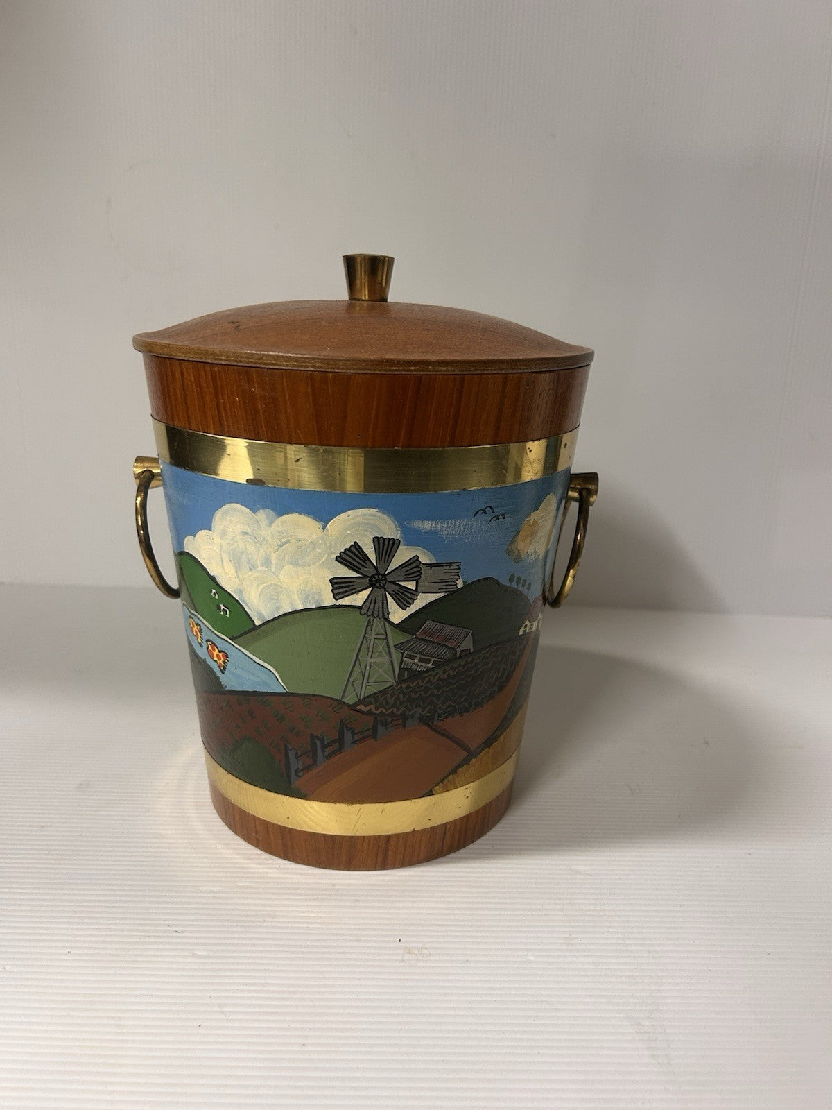 Mid-Century Ice Bucket Hand Painted Farm Scene Brass Trim