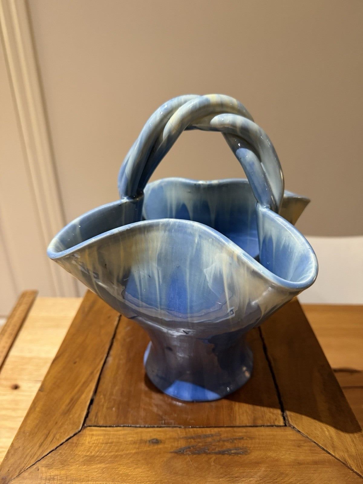 Vintage Remued Australian Pottery Basket Vase Blue Drip Glaze 184-10