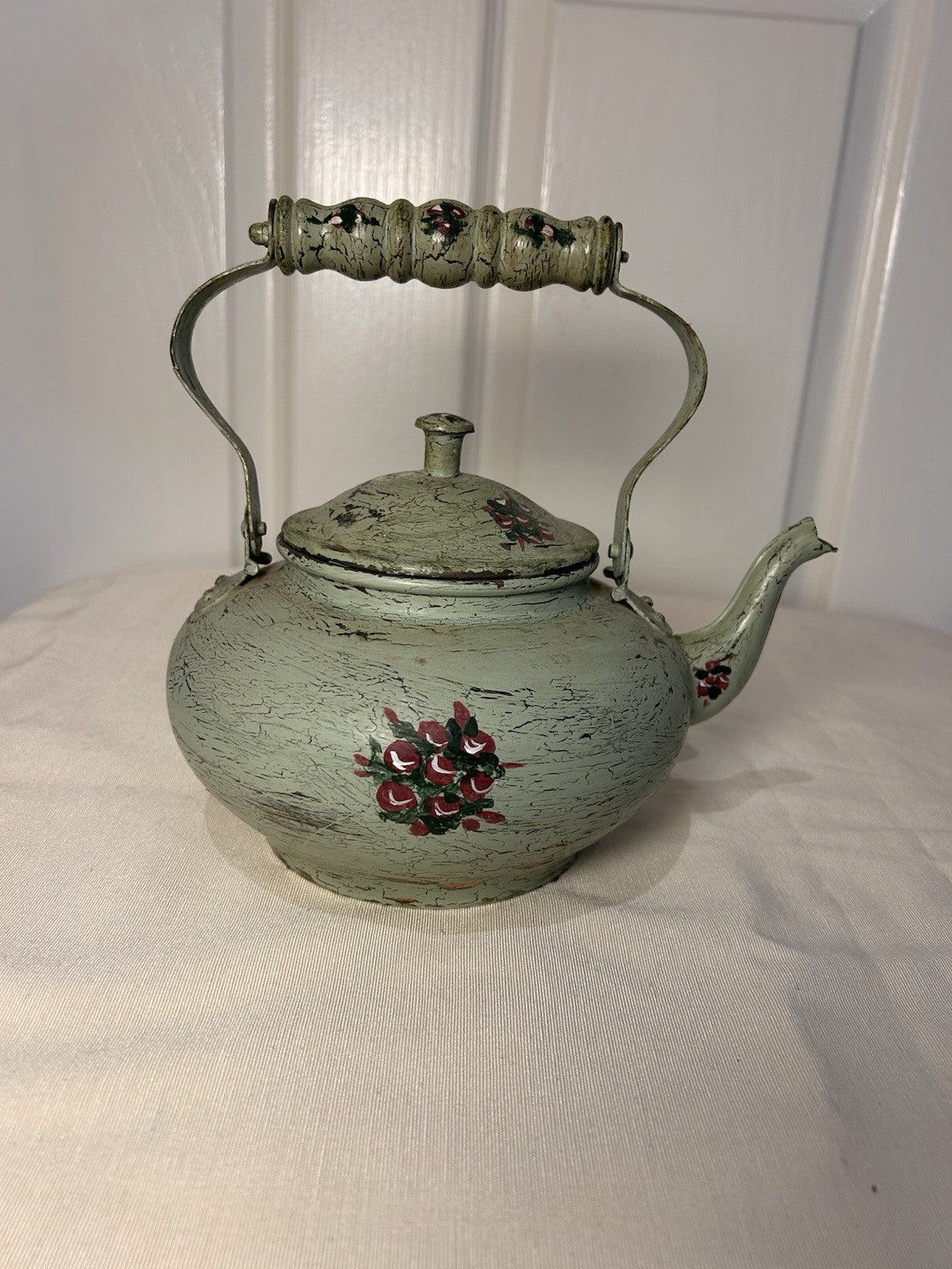 Vintage Hand-Painted Toleware Teapot & Coal Scuttle Set – Green Floral Metal
