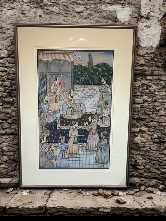 Hand-Painted Mughal Court Scene, Gold & Silver, Framed 91x64cm c.1970s