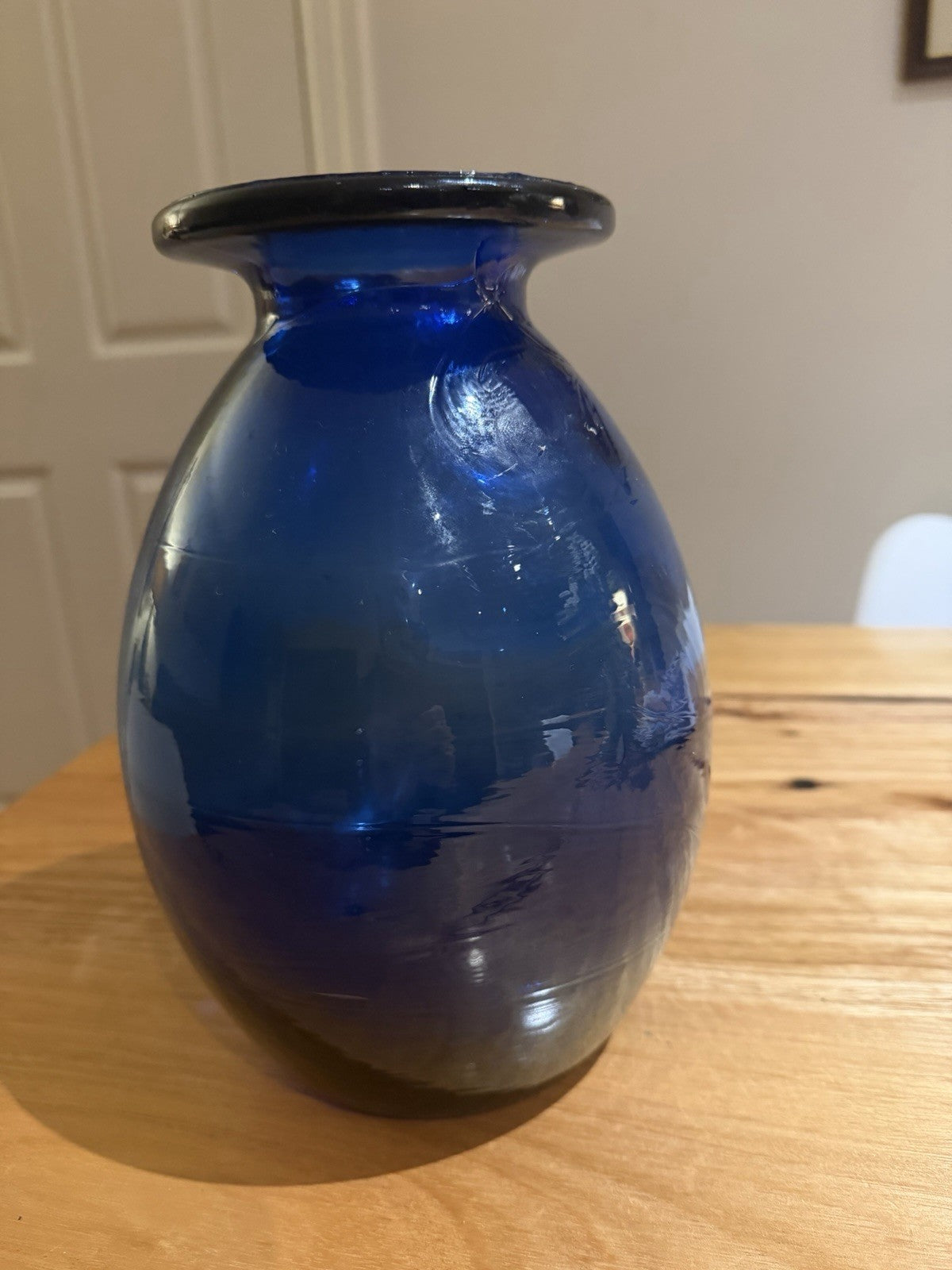 Vintage Cobalt Blue Hand Blown Art Glass Vase Heavy 2.54kg 25cm Rolled Rim