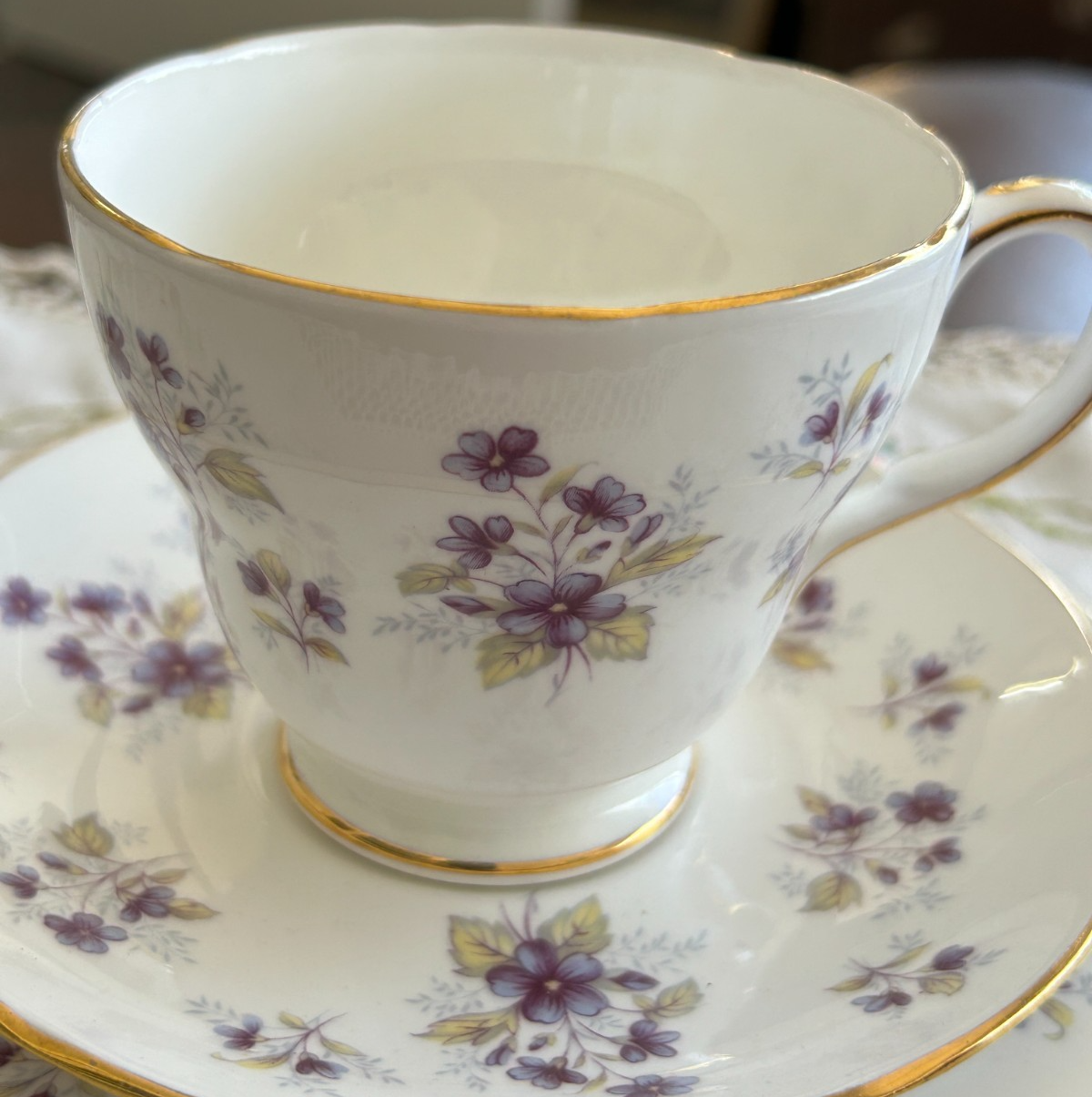 Duchess Woodside Trio Bone China | England Teacup, Saucer & Plate | Floral Gold