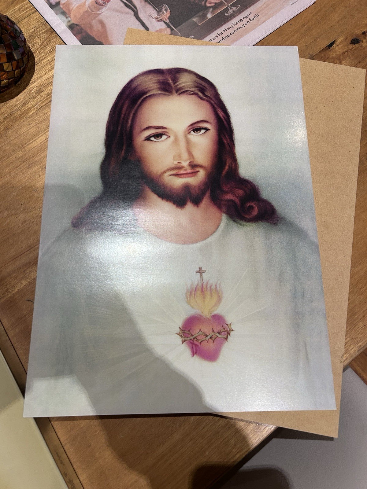 Vintage Sacred Heart of Jesus Framed Print – 1960s Devotional Art 55x43cm