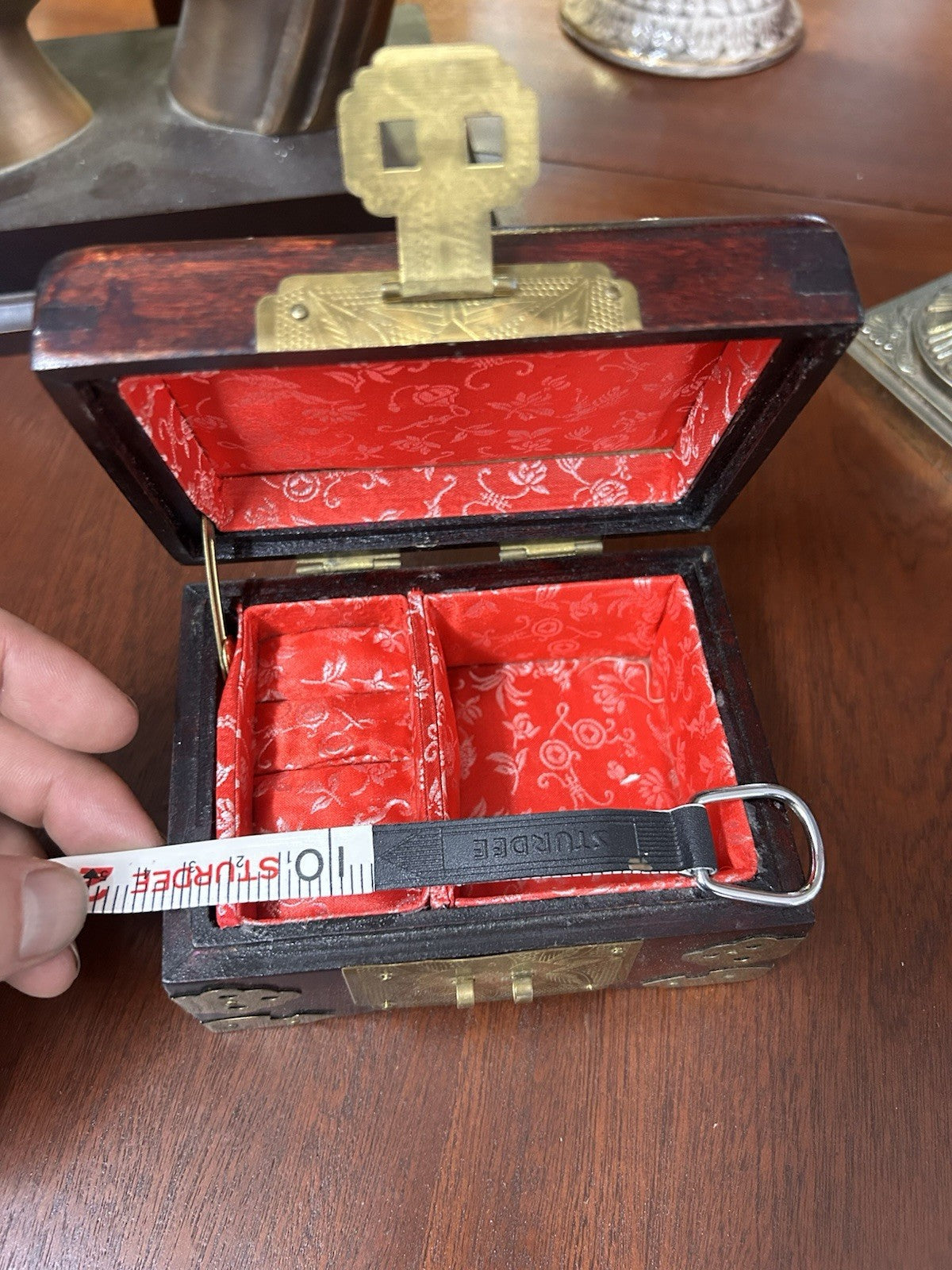 Vintage Wooden Jewellery Box Brass Mounts Red Silk Lined Asian Style