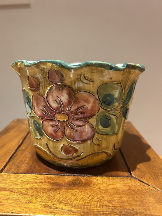 Vintage Italian Pottery Planter Floral Majolica Italy 1950s 60s