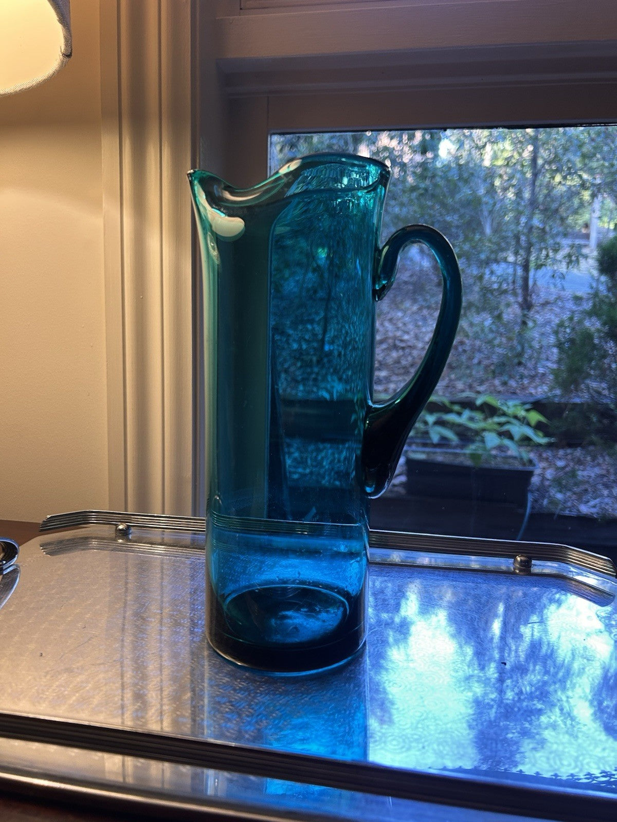 Vintage Scandinavian Teal Art Glass Pitcher 27cm Mid Century c1970 