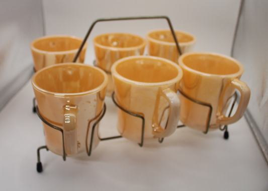 Fire-King Peach Lustre Coffee Mugs x12 w Wire Caddy Mid-Century USA