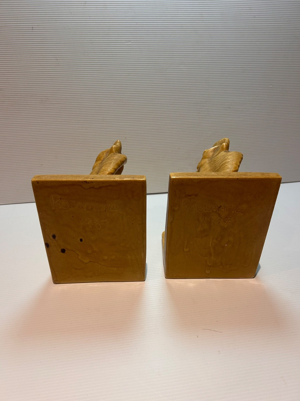 Vintage Horse Head Ceramic Bookends Signed Rosemarie 1987 Tan Glaze 15cm