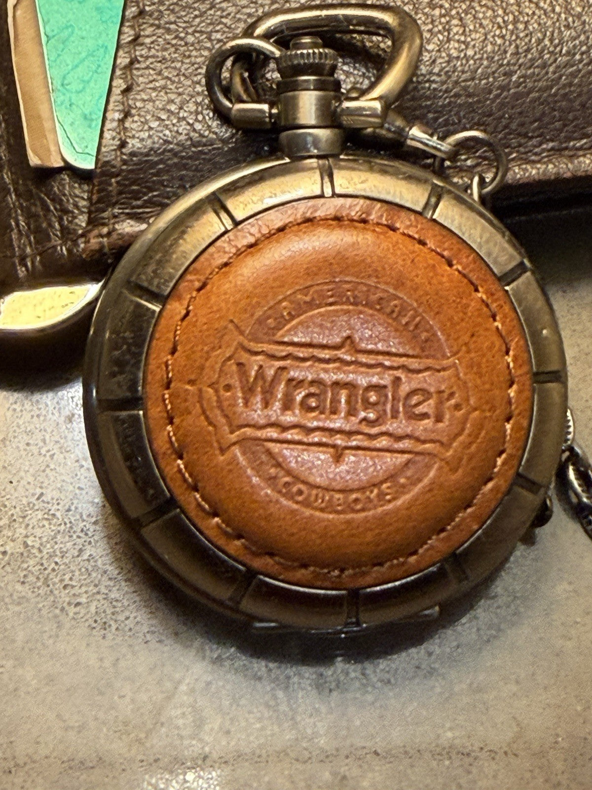 Wrangler Pocket Watch Quartz Date Leather Case Chain New Battery