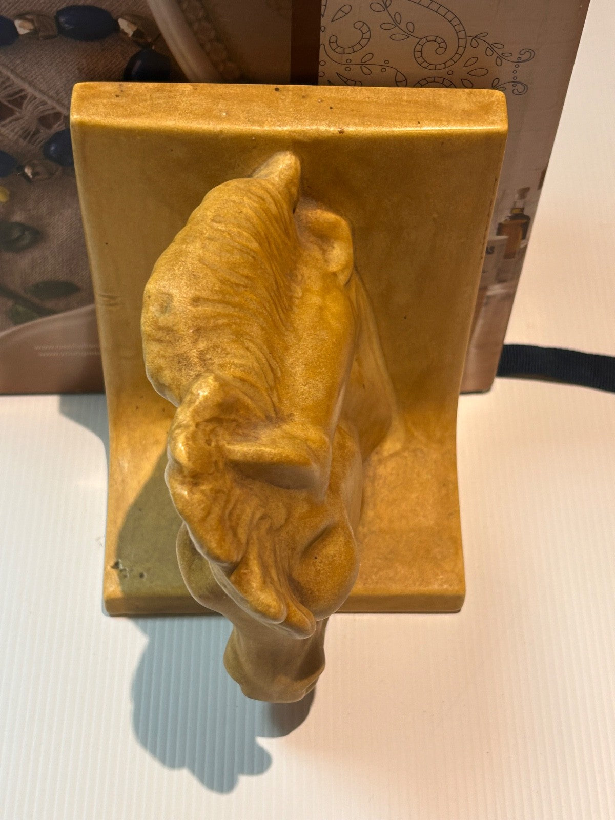 Vintage Horse Head Ceramic Bookends Signed Rosemarie 1987 Tan Glaze 15cm