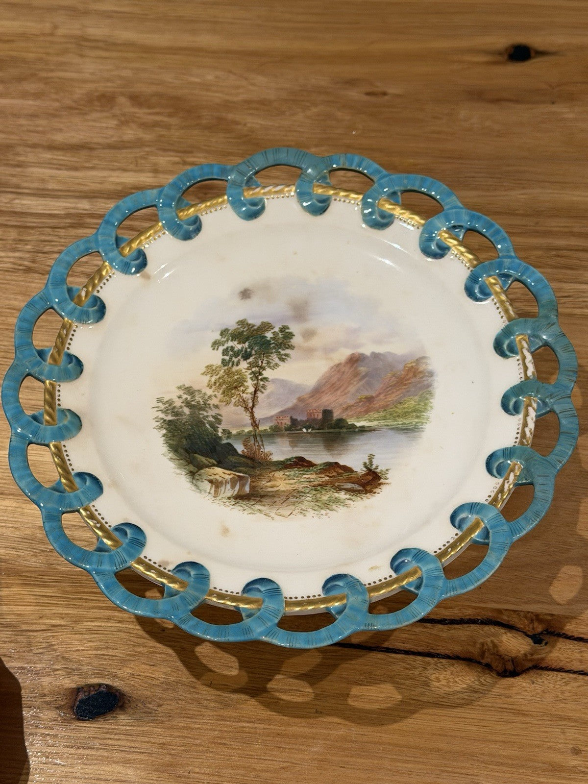 Antique Minton Style Porcelain Tazza Turquoise Pierced Rim Landscape c.1860