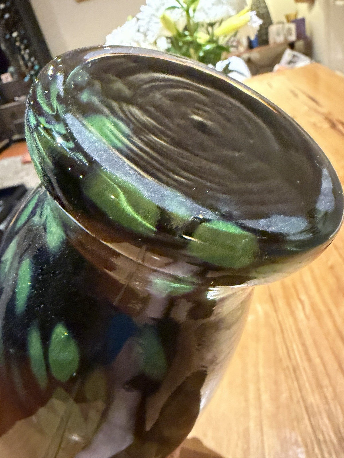 Large Black Green Aventurine Art Glass Vase Ruffled Rim 35cm Murano Style