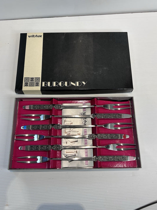 Vintage Wiltshire Burgundy BU17 Fondue Forks Set of 6 – Boxed Retro Style