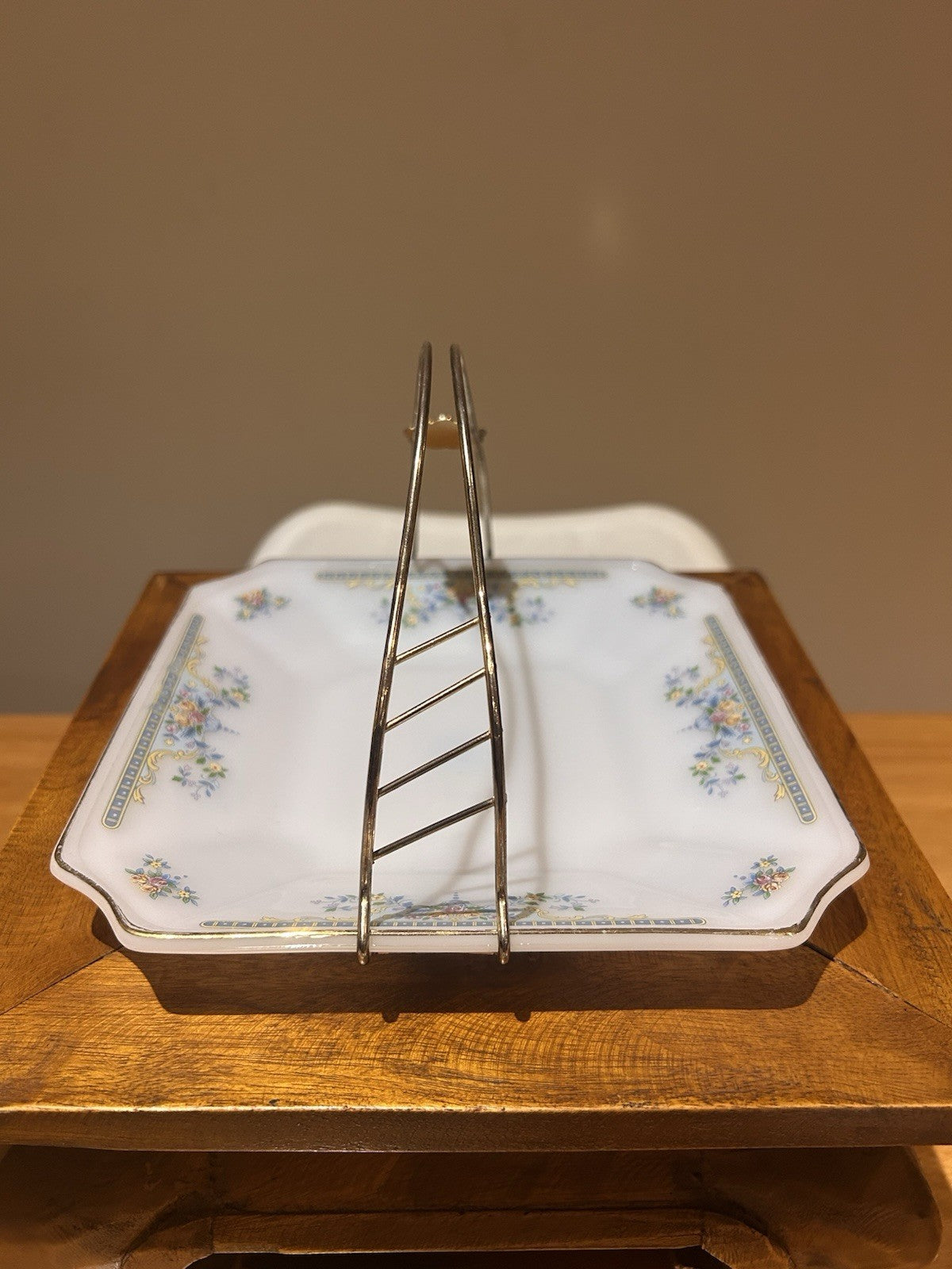 Vintage MP USA Home Set Porcelain Cake Plate w Handle Floral Gold Trim
