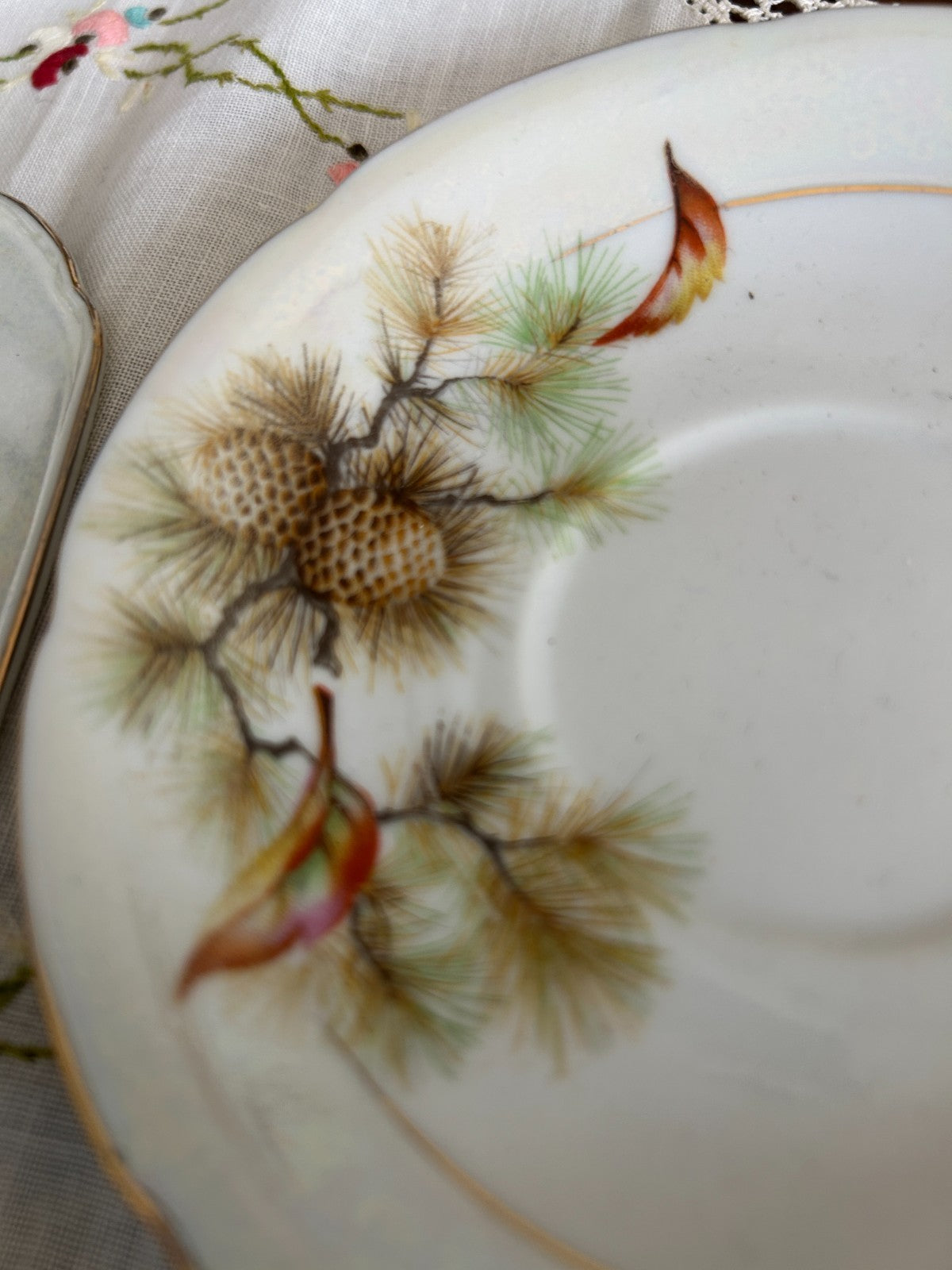 Vintage Pine Cone Bird Tea Trio Cup Saucer Plate Lustreware Japan