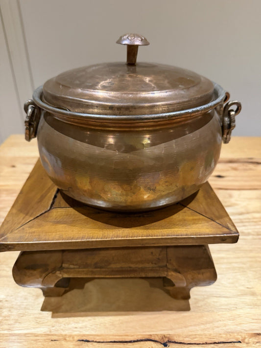 Vintage Spun Copper Pot w Lid Ornate Ring Handles Rustic Kitchen Decor