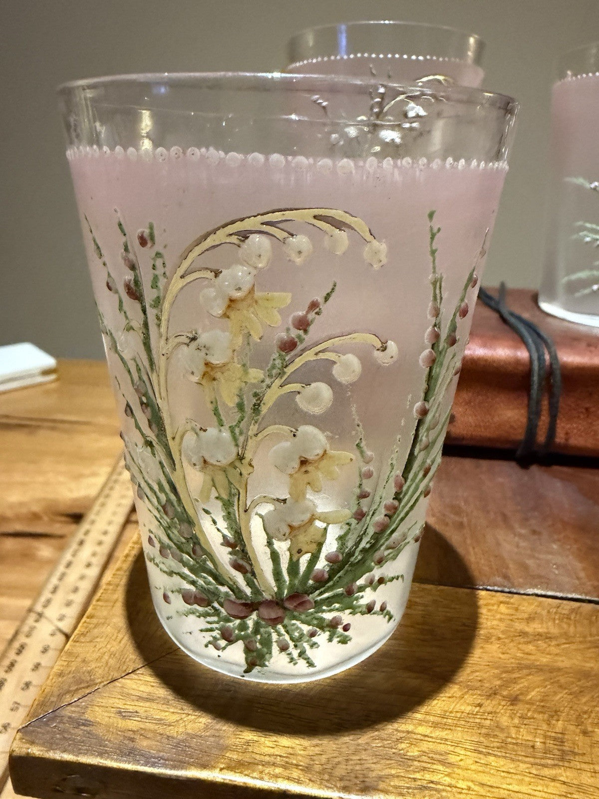 Antique Bohemian Victorian Enamel Glass Tumblers Set 4 Lily of Valley Frosted