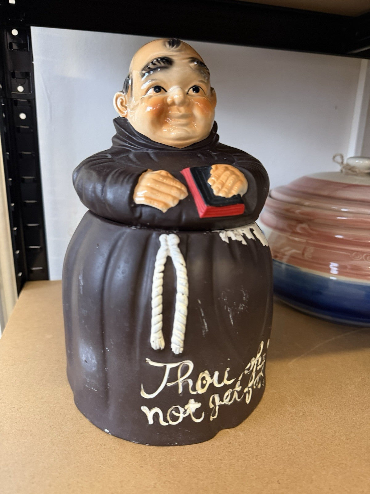 Vintage Monk Cookie Jar Japan Pottery “Thou Shall Not Get Fat” 27cm
