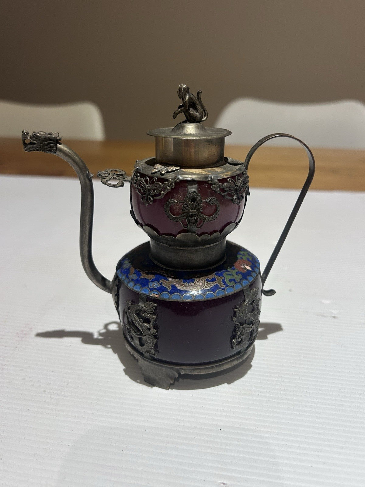 Early 20th Century Chinese Cloisonné & Enamel Teapot – Monkey Finial & Dragons
