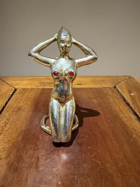 Vintage Erotic Nude Lady Corkscrew Gold Tone Metal Rhinestone Barware