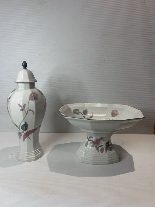 Mikasa Silk Flowers F3003 Pedestal Bowl & Lidded Vase Set – Japan Vintage