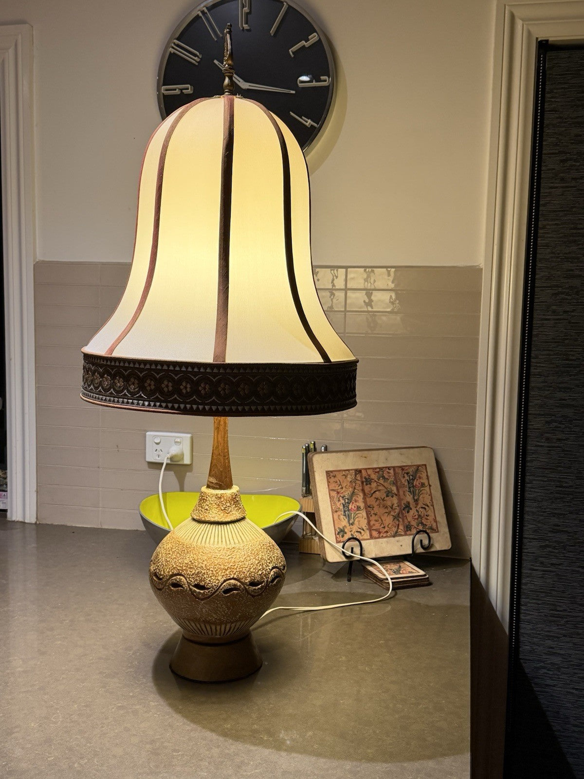 Vintage Mid Century Studio Pottery Table Lamp Ceramic Timber Base Working