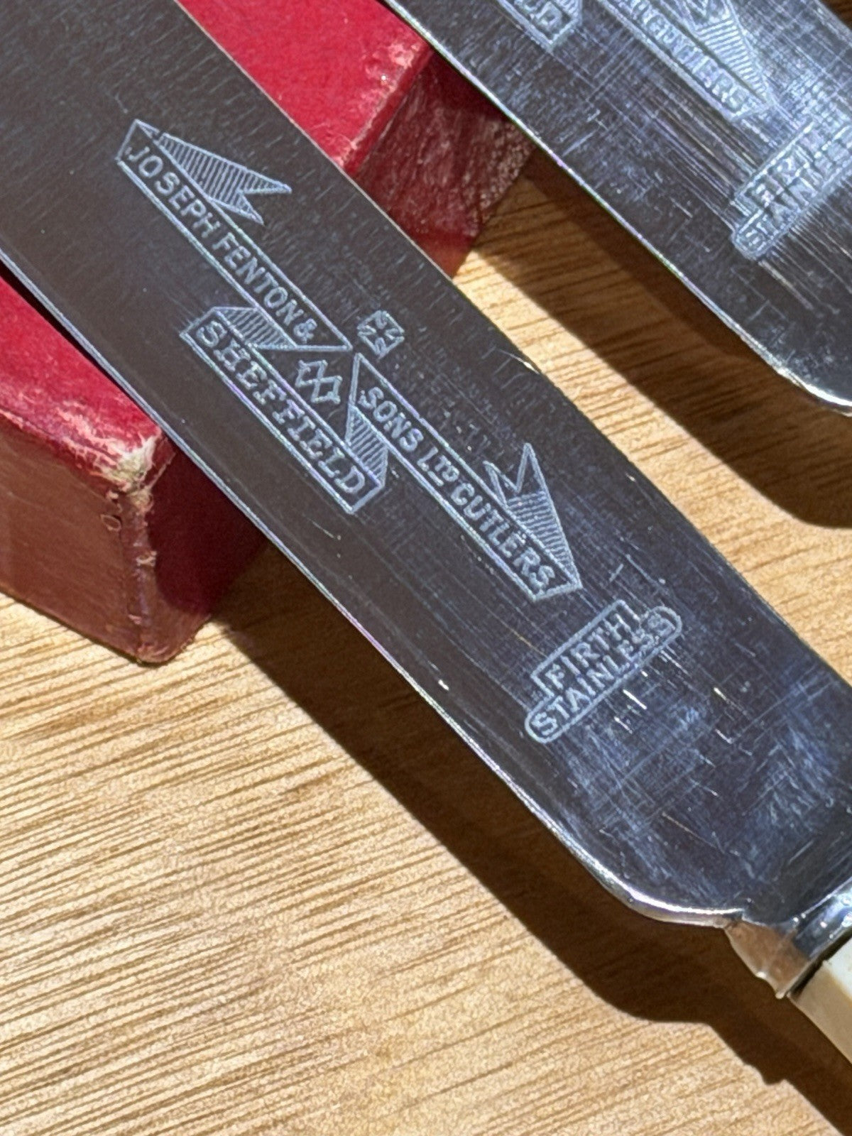 Joseph Fenton Sheffield Vintage 6 Xylonite Table Knives Original Box Circa 1921