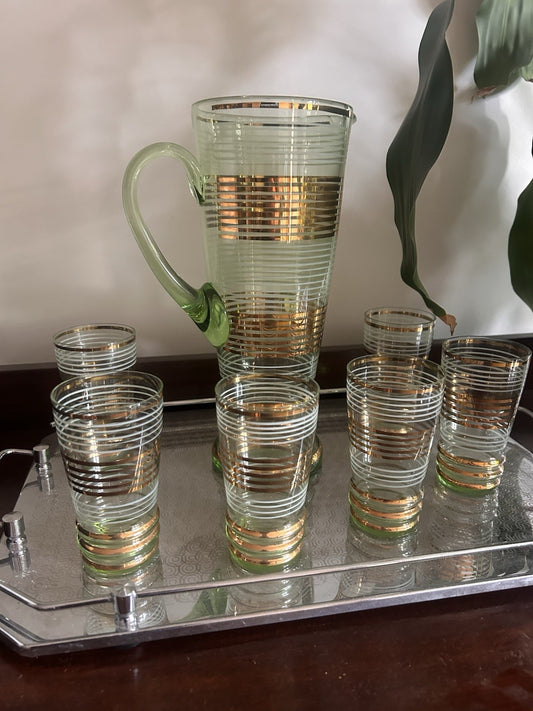 Vintage Green Glass Jug & 6 Tumblers Gold Band Art Deco Cocktail Set