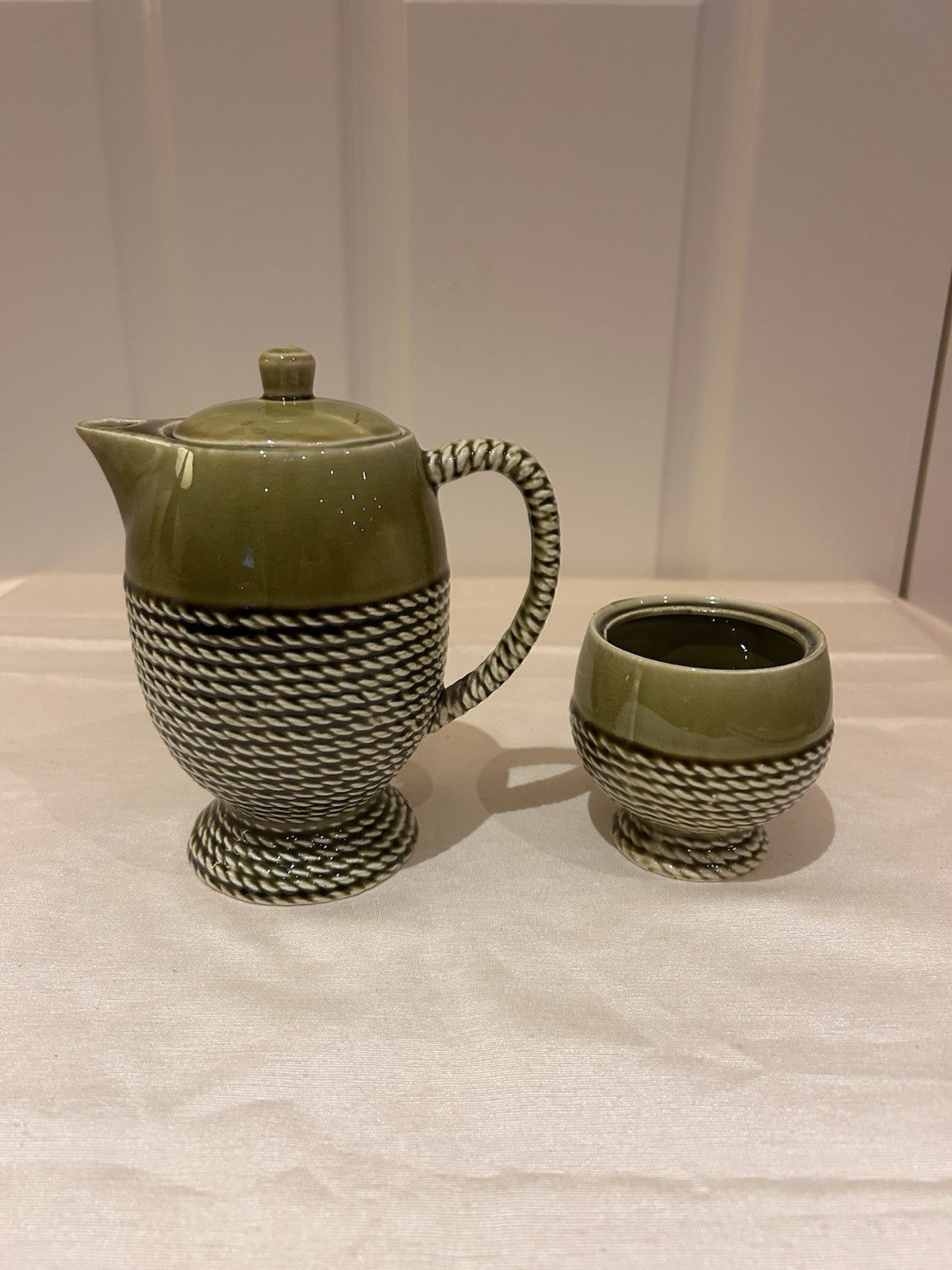 Vintage Japan Olive Green Rope Pattern Teapot & Sugar Bowl Pottery Set