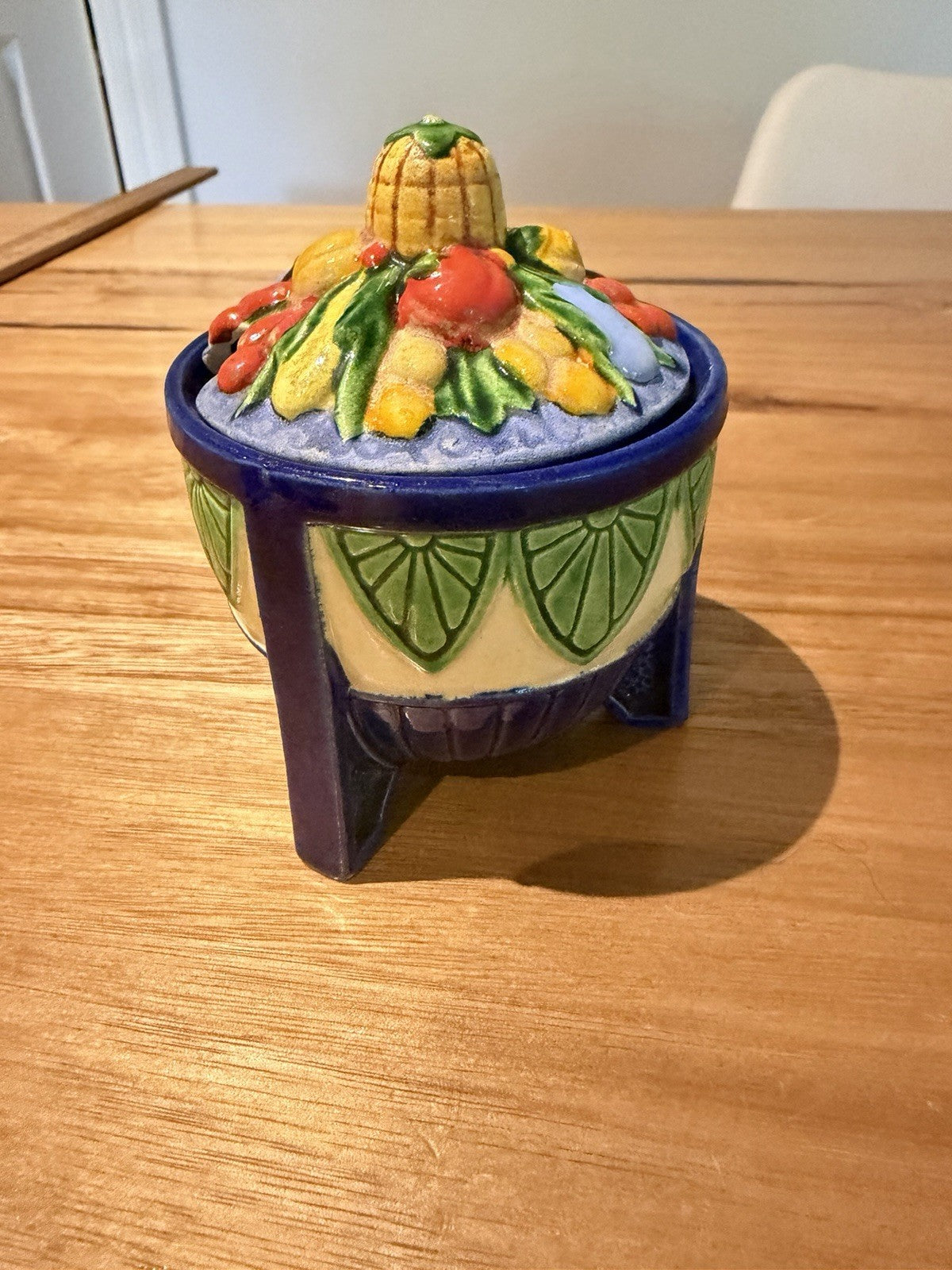 Vintage Japanese Majolica Sugar Bowl Fruit Pineapple Lid Footed Made Japan