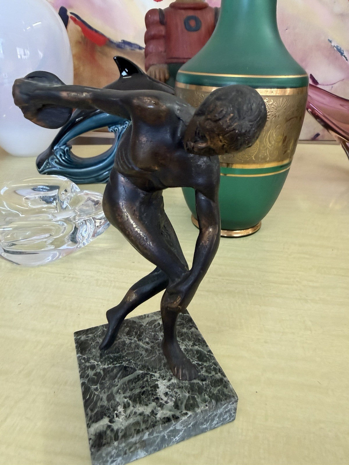 Vintage Bronze Discus Thrower Athlete Sculpture Marble Base Classical Figure