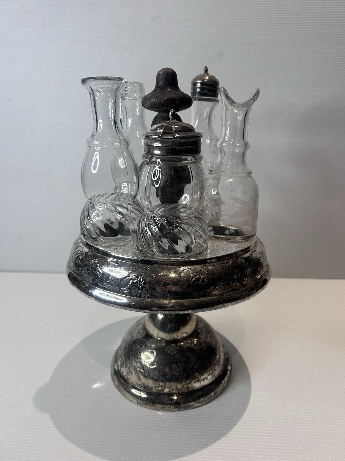 Antique Silver Plated Cruet Set w/ Cut Glass Bottles Victorian Style 27cm Tall