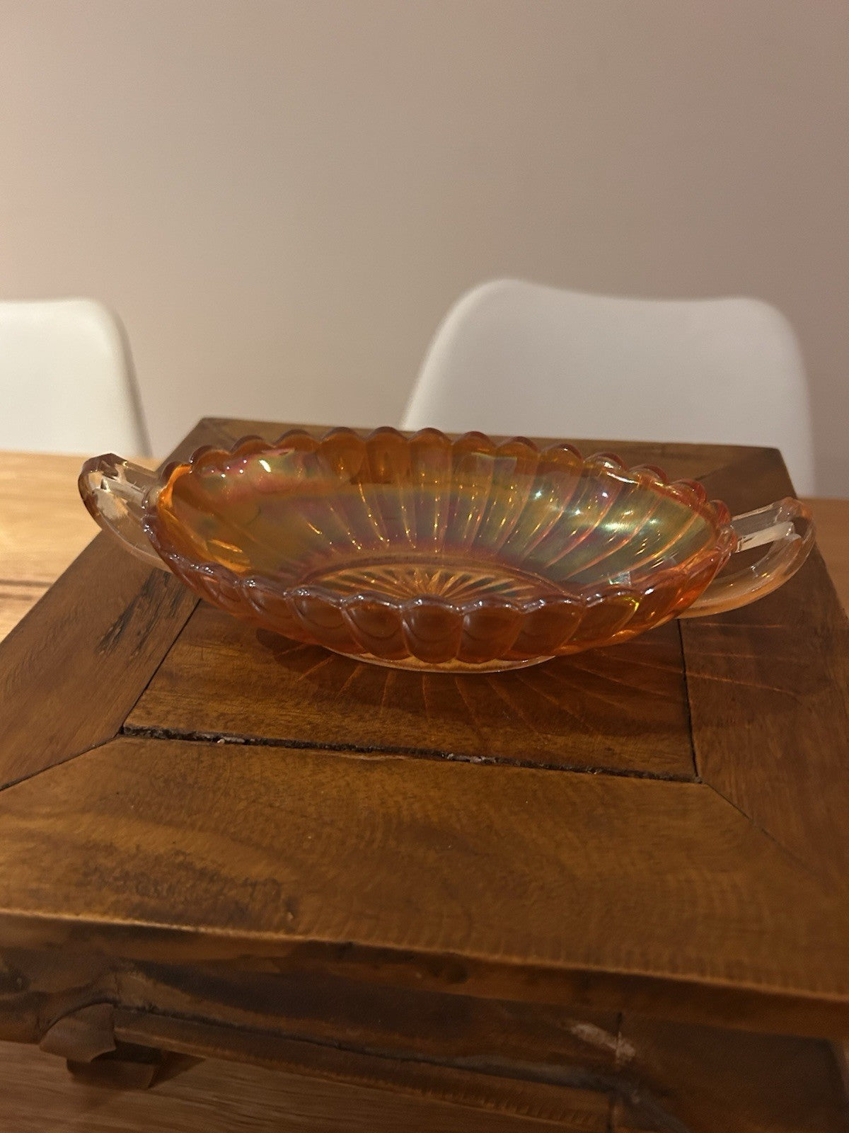 Vintage Amber Carnival Glass Serving Dish Handles Scalloped Bowl 30cm