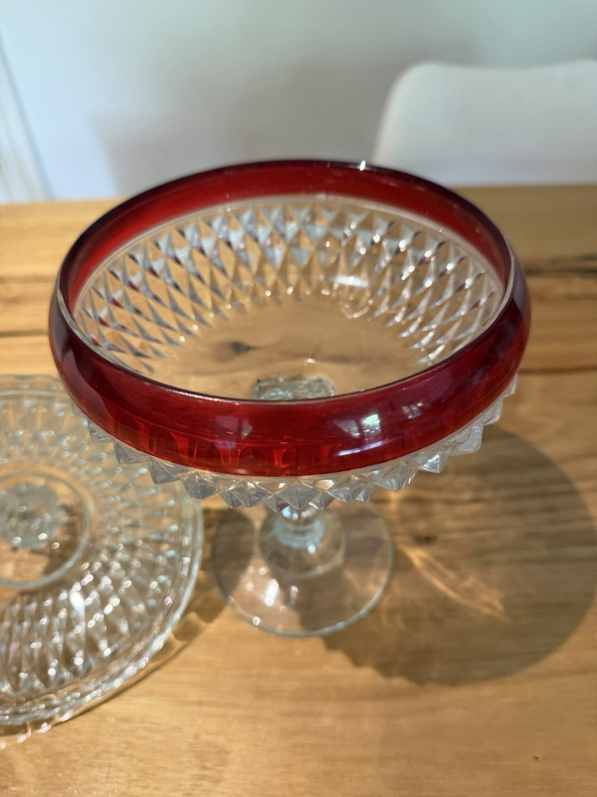 Vintage Indiana Glass Ruby Red Diamond Point Lidded Pedestal Candy Dish USA