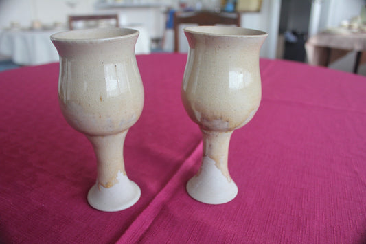 Pair of Handmade Studio Pottery Goblets – Cream Crackle Glaze – c.1970s–80s
