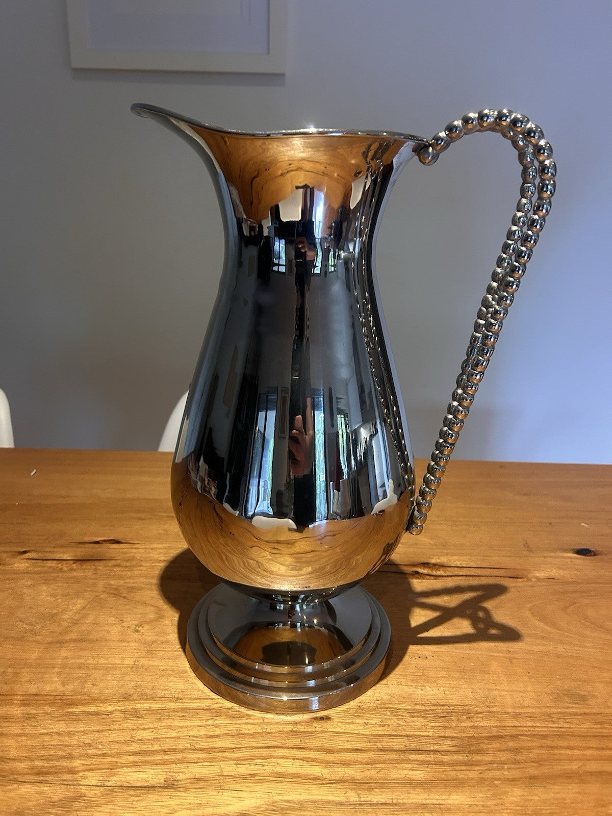 Mid-Century Silver-Plated Jug 38cm Beaded Handle Decorative Pitcher Vase