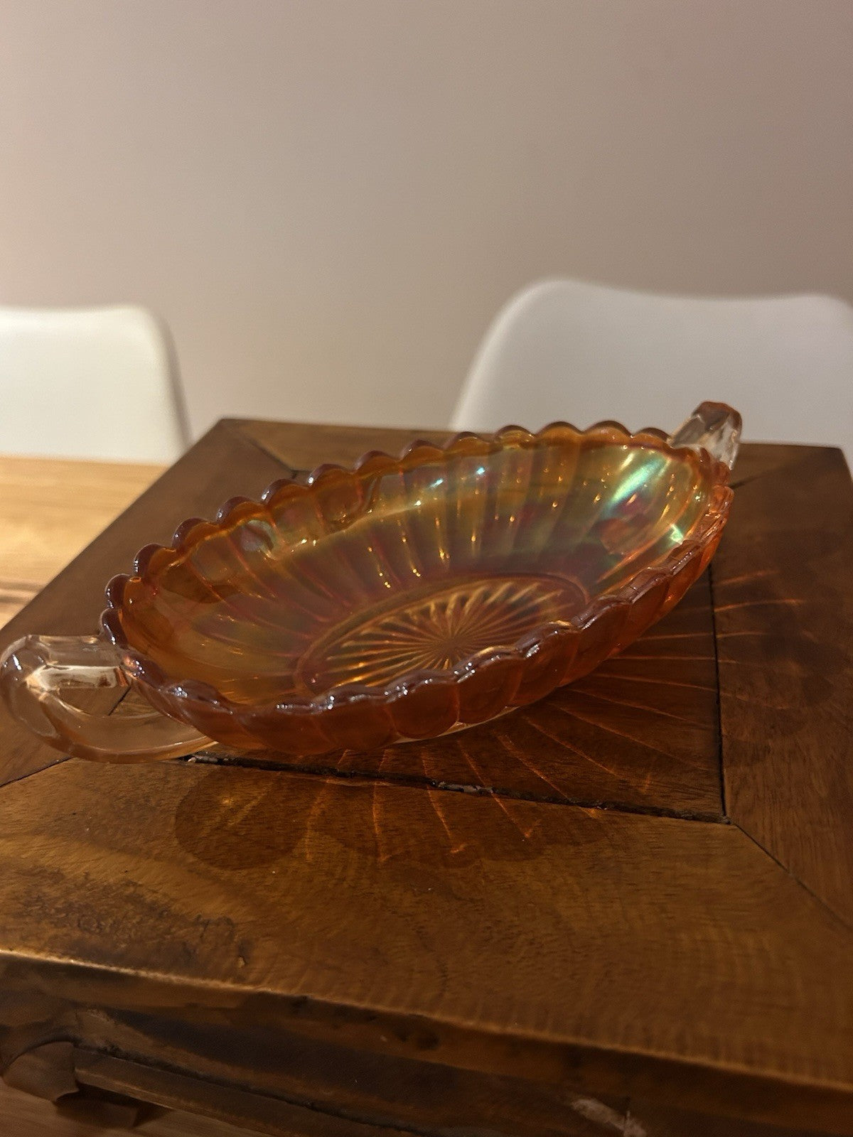 Vintage Amber Carnival Glass Serving Dish Handles Scalloped Bowl 30cm