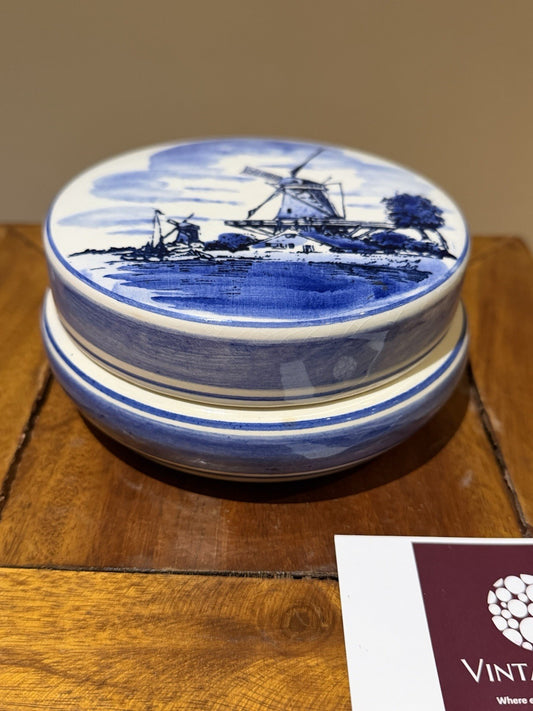 Delfts Blue Handpainted Lidded Trinket Box Windmill Holland Ceramic