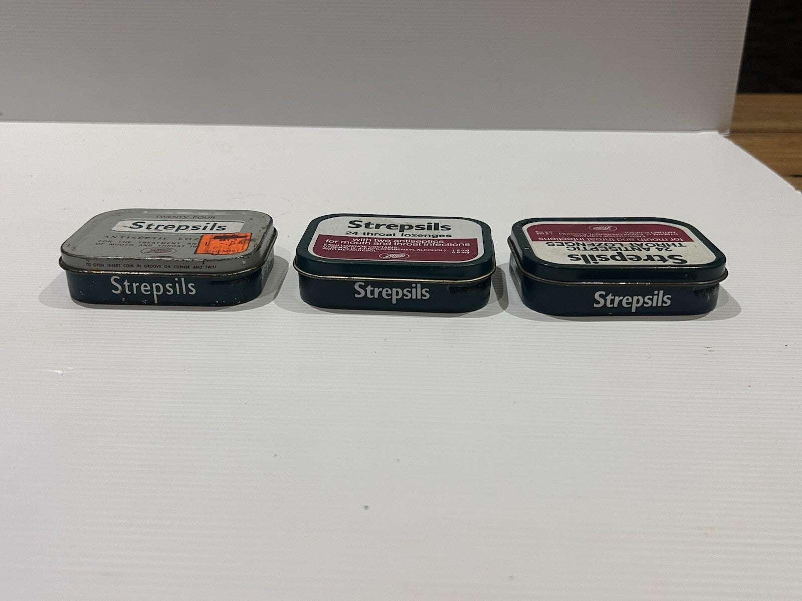 Vintage Strepsils Tin Trio – Boots Antiseptic Throat Lozenges Advertising Lot