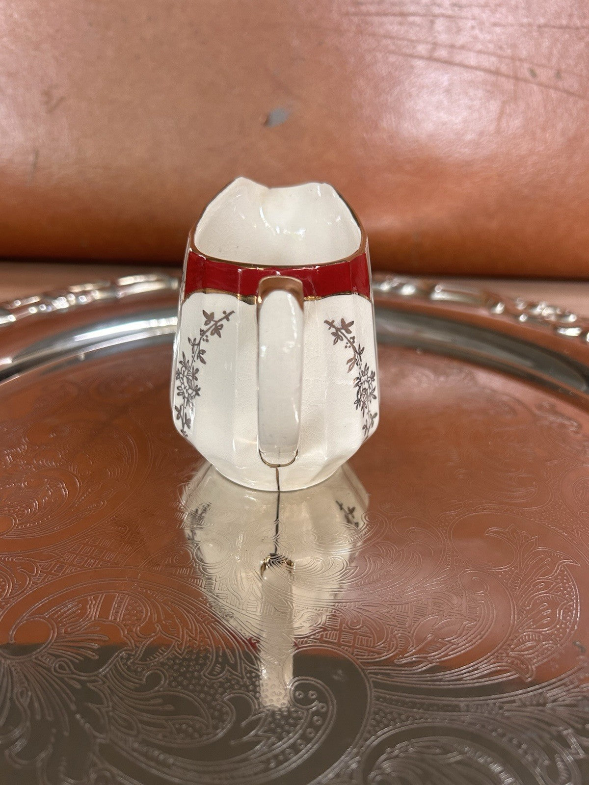 Sadler England Small Cream Jug Red & Gold Floral Art Deco Style 8cm Pottery