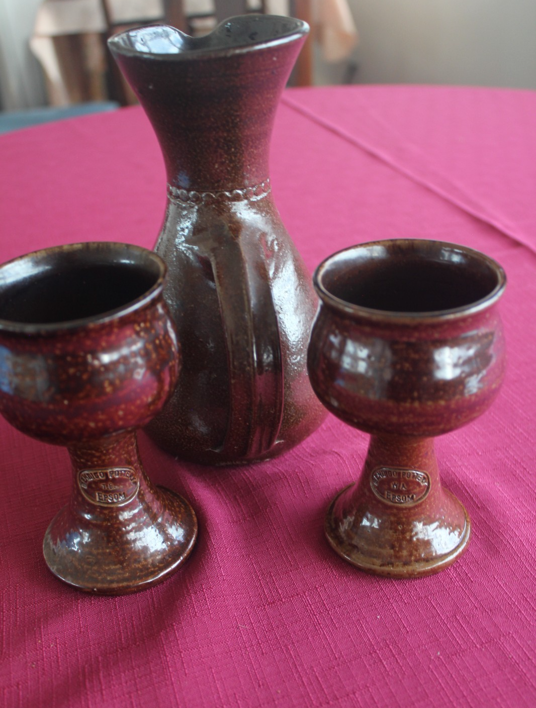 Bendigo Pottery Vintage wine Set – Carafe & 2 Goblets (Brown Glaze)