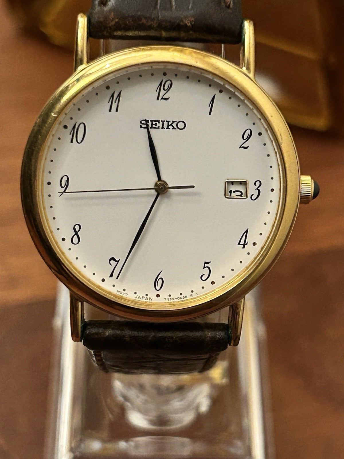 Vintage Seiko Quartz Mens Dress Watch Date 7N32-0C10 Japan Gold Tone 1990s