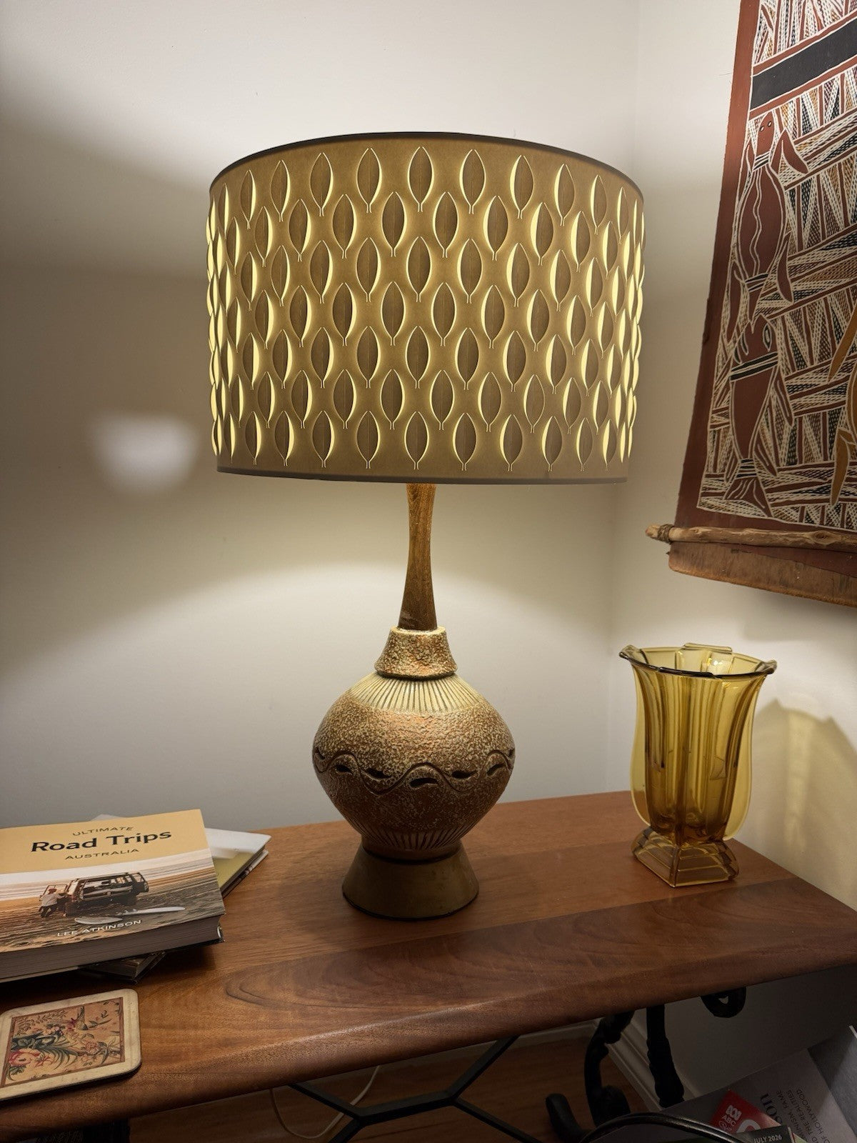 Vintage Mid Century Studio Pottery Table Lamp Ceramic Timber Base Working