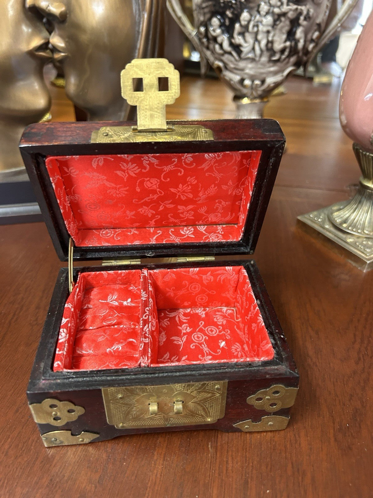Vintage Wooden Jewellery Box Brass Mounts Red Silk Lined Asian Style