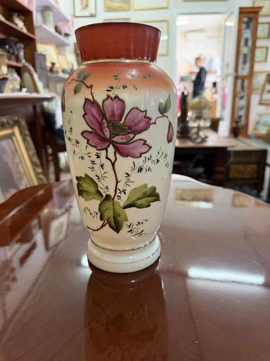 Antique Hand Painted Satin Glass Vase Cranberry Rim Floral Art Glass 25cm