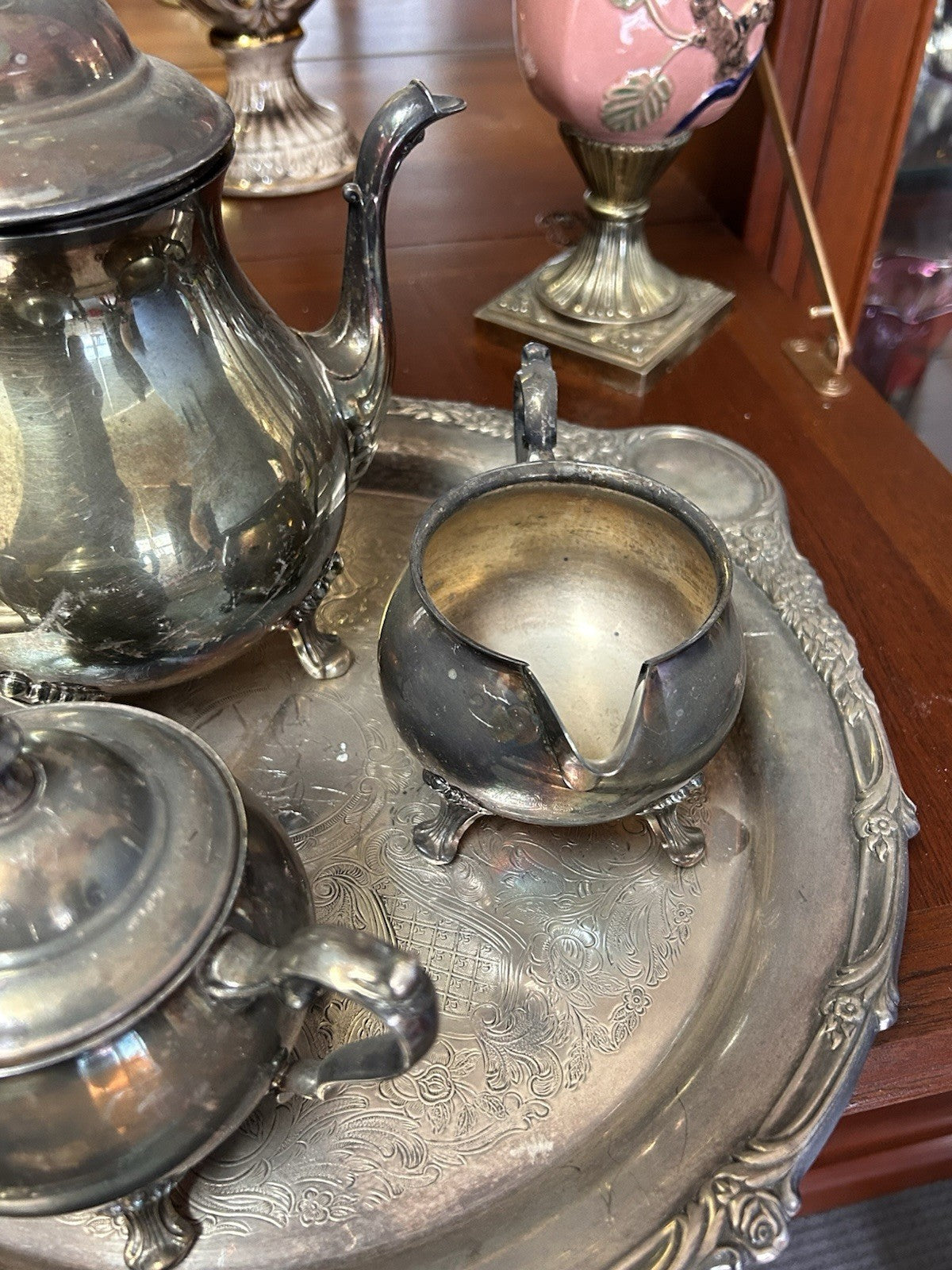 Rodd Silverplate Tea Set w Grosvenor Tray Teapot Sugar Creamer Vintage 