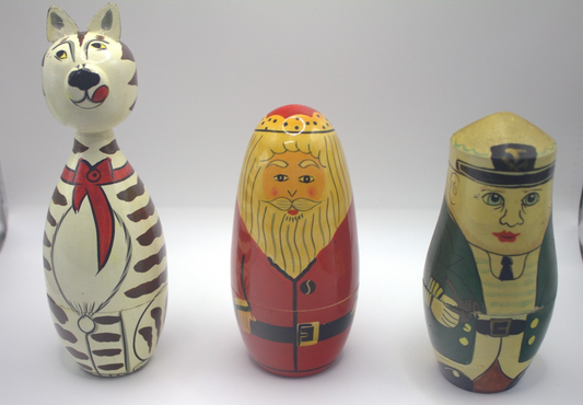 Vintage Hand-Painted Wooden Stacking Dolls Santa; Cat; Workman Trio