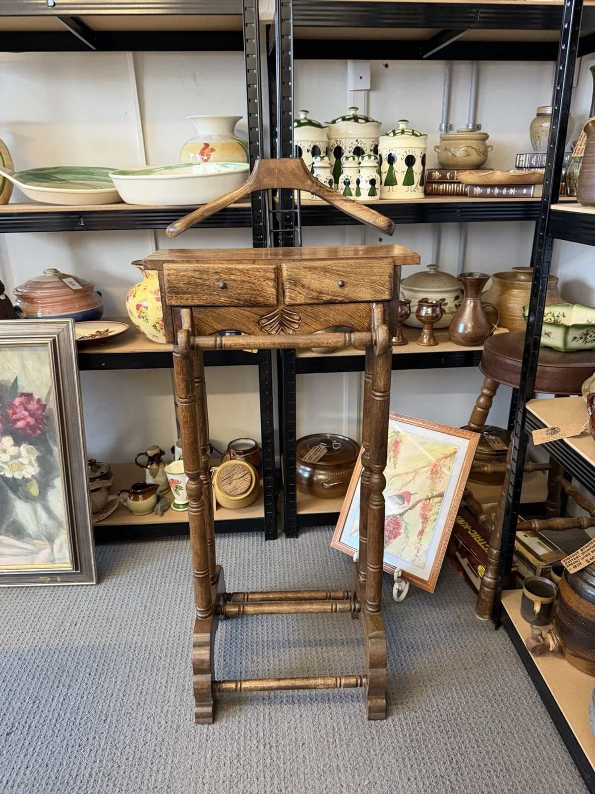 Gentleman’s Valet Stand 2 Drawer Timber Suit Clothes Hanger Antique Style